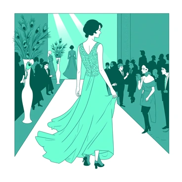 An illustration of a vintage fashion show from the 1920s with elegant dresses