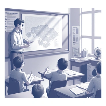 A teacher stands in front of a blackboard, delivering a lecture on the history of the Berlin Wall. The teacher, a middle-aged individual wearing glasses, gestures towards a detailed map of Berlin and the wall's trajectory. In the classroom, several students are seated at their desks, paying attention with various expressions of curiosity. Some students have notebooks open, ready to take notes, while others are raising their hands to ask questions. The room is filled with educational posters related to historical events. Books are stacked on a shelf in the background, and a globe is visible on a nearby table. Light filters in through the windows, casting shadows across the room.
