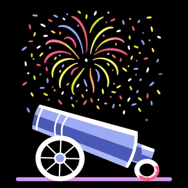 A ceremonial cannon is positioned in the foreground, with a shiny metallic surface reflecting light. From the cannon, a vibrant explosion of fireworks bursts into the night sky, showcasing a range of colors including red, blue, green, and gold. Surrounding the cannon, multicolored confetti fills the air, creating a festive atmosphere. The background is dark, emphasizing the bright colors of the fireworks and confetti as they shimmer and sparkle.