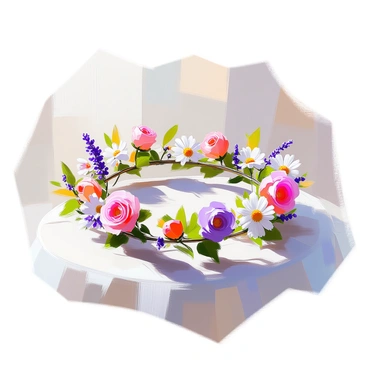 A delicate crown made entirely of woven blossoms sits elegantly atop a soft, textured surface. The crown is intricately designed with a variety of colorful flowers, including small roses, daisies, and lavender, tightly intertwined with green leaves. Each blossom is fresh and vibrant, showcasing natural hues of pink, white, and purple, and the leaves are a rich shade of green. The crown's structure is circular, with floral clusters creating a whimsical, enchanting appearance. Light gently reflects off some petals, adding a subtle shimmer to the crown's surface.