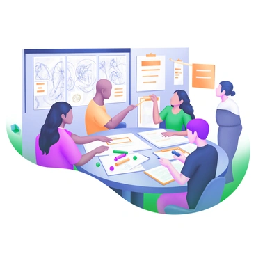 A large round table is covered with numerous sketches and colorful markers. A diverse team of illustration agents is gathered around the table, engaged in discussion. Each agent possesses distinct features, such as varying hairstyles and attire, showcasing their individuality. Some are pointing at sketches while others are jotting down ideas on notepads. The background features a wall adorned with completed illustrations and inspiration boards. Warm lighting illuminates the scene, emphasizing the collaborative atmosphere.