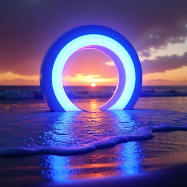 A glowing portal with a circular shape is positioned at the edge of the sea. The portal emits bright blue and purple light, creating a striking contrast against the darkening sky. The surrounding area is wet sand, glistening under the fading sunlight. The scene captures the vibrant colors of the sunset, including hues of orange, pink, and yellow, reflecting off the water's surface. Small waves gently lap at the base of the portal, causing ripples in the reflection of the sky.