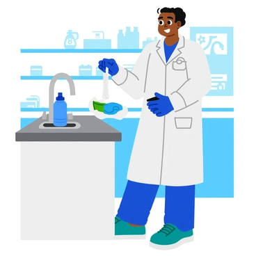 A technician wearing a white lab coat and blue gloves stands at a clean, organized workstation. The technician is washing their hands thoroughly under running water, with soap bubbles visible. A bottle of hand sanitizer and a pack of sterile gloves are placed prominently on the countertop. The background includes various medical equipment neatly arranged, and a poster on the wall detailing hygiene protocols is partially visible. The technician's focused expression emphasizes the importance of cleanliness before starting a treatment.