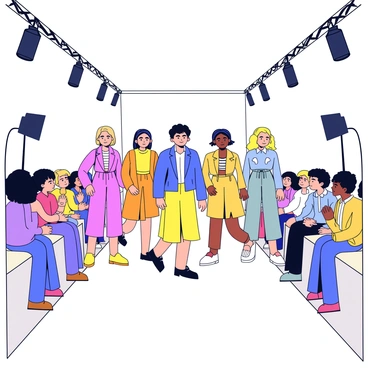 A fashion show scene with models walking down a runway. Each model is wearing outfits made from various sustainable materials such as organic cotton, recycled fabrics, and bamboo fibers. The clothing styles include flowing dresses, tailored suits, and casual wear, all showcasing earth tones and natural colors. The runway is surrounded by camera flashes and an audience seated in rows, observing the designs closely. Bright spotlights illuminate the models as they confidently showcase the unique textures and designs of their outfits.