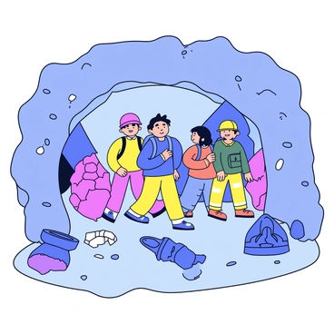A group of explorers wearing backpacks and helmets is entering a hidden cavern. The cave entrance is adorned with rough, rocky textures. Inside the cavern, there are large glowing crystals in various colors, casting soft light across the scene. Scattered throughout the cavern are ancient relics, such as weathered statues and broken pottery, partially buried in the ground. The explorers have expressions of curiosity as they take in the enchanting surroundings.