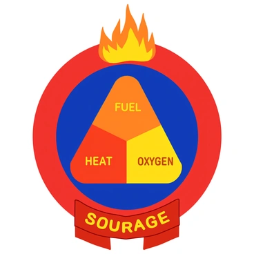 A firefighter's emblem prominently featuring the "fire triangle," which consists of three components: "fuel," "heat," and "oxygen." The emblem is circular in shape with a bold red border. Inside the emblem, the "fire triangle" is illustrated in vivid colors, with each component clearly labeled. The background of the emblem is a deep blue, contrasting with the red border and the vibrant colors of the triangle. At the top of the emblem, there are flames illustrated in bright orange and yellow, adding to the theme of firefighting. At the bottom, a ribbon banner displays the words "Courage" and "Service" in gold lettering.
