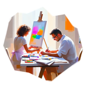 Two artists are working side by side in a bright, spacious studio. On the left, a woman with curly hair and wearing a paint-splattered apron is focused intently on her canvas, where vibrant colors are being blended to form a landscape painting. On the right, a man with glasses is seated at a table, illustrating a detailed scene with fine ink pens and sketching tools. His workspace is adorned with colorful markers and various sheets of paper, showcasing his intricate designs. The soft light from a nearby window casts a warm glow over their collaborative environment, highlighting their creative synergy.