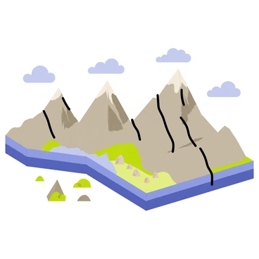 A dramatic landscape depicting "tectonic plates converging," with "jagged, towering mountains" emerging from the collision. The mountains are rocky and steep, with sharp peaks and craggy surfaces. "Deep valleys" are formed between the mountains, creating a rugged terrain. "Clouds" are swirling above the peaks, enhancing the sense of height and power. Small "rock formations" scatter the foreground, while patches of green vegetation cling to the mountainsides. The scene captures the dynamic forces of nature at work.