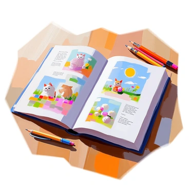 A small zine is resting on a wooden table, featuring pages filled with hand-drawn illustrations and handwritten text. The cover showcases an intricate, colorful drawing of a whimsical landscape, with a bright sun and fluffy clouds. Open pages reveal various sketches, including a cute cat playing with yarn and a garden of flowers, alongside neatly written captions in ink. A set of colored pencils and a fine-tip pen are scattered around the zine, highlighting the creative process involved in its making. The lighting is warm, casting gentle shadows across the surface.