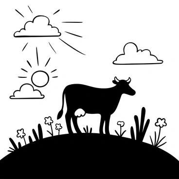 A cow standing on a grassy hilltop, with a peaceful posture. The background features a large sun setting on the horizon, casting rays of light over the landscape. The sky is filled with bold and defined clouds, creating a dramatic silhouette effect against the sun. The grassy hilltop is dotted with wildflowers and the cow is among them, complementing the natural scene.