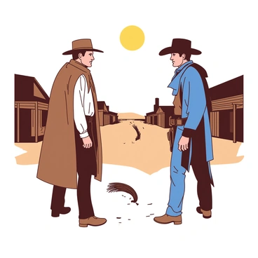 Two cowboys stand facing each other in a dusty frontier town under a bright sun at high noon. The first cowboy, wearing a brown hat and a tan duster, has a determined expression on his face while his hand hovers near a holstered gun. The second cowboy, clad in a black hat and a rugged blue jacket, mirrors the tension with his eyes locked on his opponent. Behind them, wooden buildings and a dirt road stretch into the distance, with a tumbleweed rolling across the ground, adding to the atmosphere of anticipation. The sky above is clear, emphasizing the starkness of the scene.