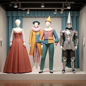 An exhibition hall featuring various theater costumes from famous plays, elegantly displayed on life-sized mannequins. Each mannequin is adorned with a unique costume representative of a classic character. One mannequin is dressed in a flowing red gown with intricate lace details, representing a character from a well-known tragedy. Another mannequin showcases a vibrant, colorful jester outfit with large ruffled collars and a pointed hat, symbolizing a comedic role. A third mannequin wears an elaborate warrior costume made of metallic fabric, complete with armor and a cape. The costumes are illuminated by soft spotlights, highlighting their textures and colors, while the backdrop includes decorative drapes to enhance the theatrical ambiance.