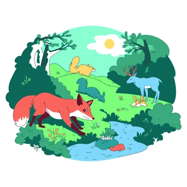 A red fox is playfully chasing a teal squirrel at the edge of a lush green forest. The fox has bright orange fur and a bushy tail, while the squirrel is small with a fluffy tail, perched on a low branch. Nearby, a blue deer is grazing peacefully on the grass, its large antlers visible above the bushes. In the background, a yellow rabbit hops gently, stopping to sniff a cluster of wildflowers. The sun filters through the leaves, creating dappled light on the forest floor where a small stream flows quietly.
