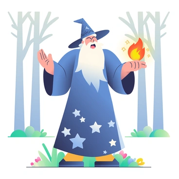 A wizard with a long, flowing white beard and a deep blue robe adorned with silver stars is standing in a forest clearing. He has a tall, pointed hat with intricate designs resting atop his head. In his outstretched right hand, he is casting a spell, and a glowing fireball emits bright orange and yellow flames, illuminating his determined face. Surrounding him are tall ancient trees, and the ground is covered with lush green grass and scattered colorful flowers. Small sparks and magical symbols float in the air around the wizard, adding to the enchanting atmosphere.