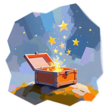 A wooden box with intricate carvings is open, and from it, tiny, shimmering stars are spilling out into the night sky. The stars are glowing softly, illuminating the surrounding darkness as they ascend. The background features a deep blue sky scattered with more stars. The box is positioned on a grassy knoll, and faint wisps of clouds can be seen drifting across the moonlit sky. The scene captures a sense of wonder as the stars appear to be dancing into the vastness above.