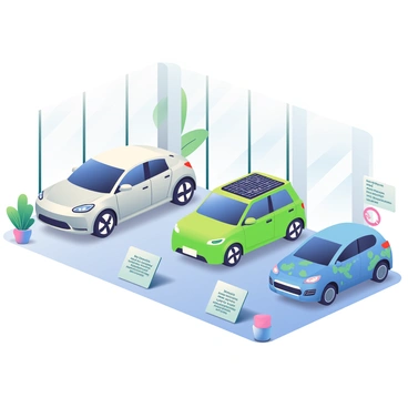 A section of a car dealership is showcasing sustainable and eco-friendly car models. There are three modern electric vehicles on display. The first vehicle is a sleek, silver sedan with aerodynamic curves and a minimalist design. The second is a vibrant green compact SUV with an innovative solar panel roof, highlighting its eco-friendly features. The third vehicle is a blue hatchback with a unique, artistic pattern on its exterior. The showroom has large windows allowing natural light to flood in, and the floor is made of recycled materials. Potted plants are placed strategically around the area, enhancing the sustainable theme of the dealership. Informational placards in front of each car provide details about their eco-friendly technology and benefits.