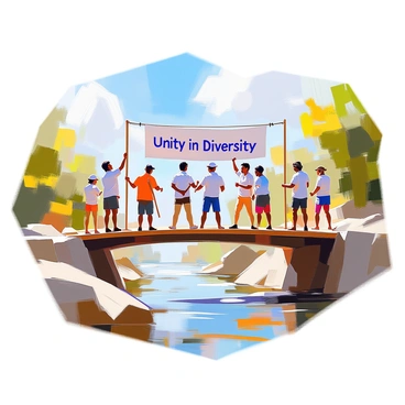 A diverse group of people building a bridge together, symbolizing unity, with a Bible verse about connection displayed across the bridge.