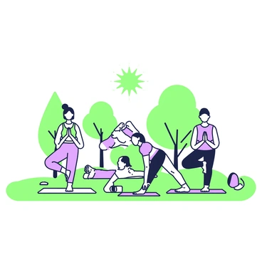 A group of people is engaged in a yoga session on a grassy area in a park. They are positioned in various yoga poses, such as downward dog and warrior pose. Each individual has a yoga mat in front of them. The sun is shining brightly above them, casting soft shadows on the ground. In the background, there are a few trees providing a natural setting. The participants are a diverse group, including men and women of different ages. Some are focused intently on their practice, while others look relaxed and content.
