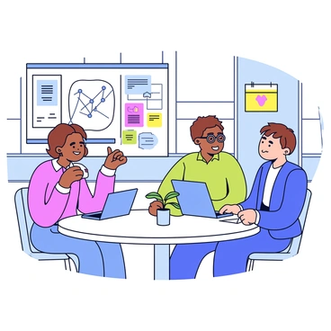 A financial advisor sits at a round table with parents, discussing plans for their child's college fund. The advisor has short brown hair and wears glasses, and has a laptop open in front of them displaying financial charts. The parents are attentively looking at the advisor, one is taking notes while the other smiles. The classroom is bright and airy, with sunlight streaming through large windows, and there are colorful educational posters on the walls. A small potted plant sits on the table, adding a touch of greenery to the setting.