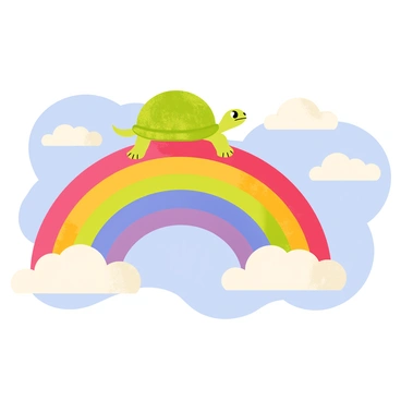 A turtle balancing on a rainbow arcing across the sky