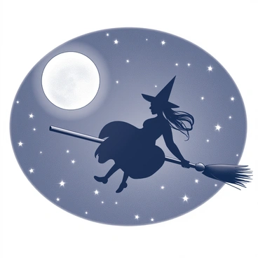 A silhouette of a broomstick flying through a night sky. The figure on the broomstick is a witch, with flowing hair trailing behind. Above, a large moon casts light, surrounded by a scattering of stars. The stars twinkle in the dark sky, providing a sense of depth and vastness. The broomstick is positioned diagonally, suggesting motion through the air. The witch's robe billows as she rides, enhancing the dynamic feel of the flight.