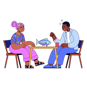 Two people from different cultures are sitting across from each other at a small wooden table. One person is wearing traditional clothing with intricate patterns, while the other is dressed in modern attire with vibrant colors. In the center of the table is a magical fish, shimmering with iridescent scales that reflect multiple hues. Each person is carefully observing the fish, with expressions of curiosity and wonder on their faces. The background features subtle elements that hint at their cultural origins, such as decorative items and symbols that are characteristic of their respective heritages.