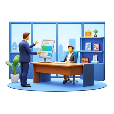 A real estate agent wearing a professional suit is standing by a large desk in a modern office setting. The agent is gesturing towards a digital tablet that displays various property listings. Across from the agent, a client is seated in a comfortable chair, attentively listening and looking at the tablet. The office has large windows with a view of a city skyline, and shelves filled with real estate brochures and awards decorate the background. A potted plant sits in the corner, adding a touch of greenery to the room.