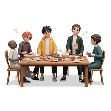 A house-elf named "Dobby" is standing next to "Harry Potter," who has messy black hair and is wearing a Gryffindor robe. "Ron Weasley," with his red hair and freckles, is seated to the left, while "Hermione Granger," with her bushy brown hair, is sitting across from him. The four are gathered around a large wooden table at the Gryffindor common room, which is filled with various dishes and platters of food, including roast chicken, mashed potatoes, and desserts. Dobby is excitedly pointing at a plate of food, while Harry is laughing, Ron is reaching for a drumstick, and Hermione is smiling as she pours a drink into a cup. The atmosphere is lively, filled with camaraderie and enjoyment.