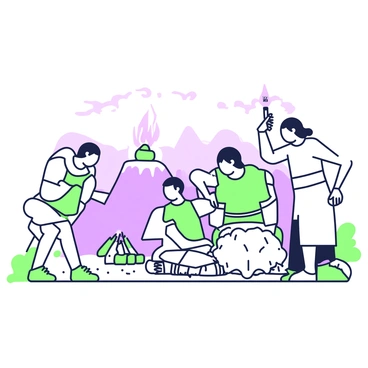 A group of prehistoric humans is gathered around a large rock formation, intensely focused on crafting stone tools. One individual is sitting on the ground, carefully chipping away at a piece of flint, while another stands beside them, holding a completed tool up for inspection. A third figure is searching for suitable stones nearby, their expression determined. In the background, a small fire is burning, providing warmth and light to the scene. The environment includes rugged terrain with sparse vegetation, and distant mountains can be seen under a clear sky. The atmosphere conveys a sense of urgency and necessity as they work together to ensure their survival.