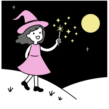 A little witch with a pointy hat and a flowing dress stands on a grassy hilltop. She is holding a sparkling wand, and as she waves it, bright stars are appearing in the dark night sky. The moon is visible, glowing softly in the background. The witch has a joyful expression on her face, fully engaged in her magical task.