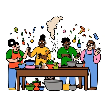 Idols enjoying a cooking class together, surrounded by ingredients and laughter