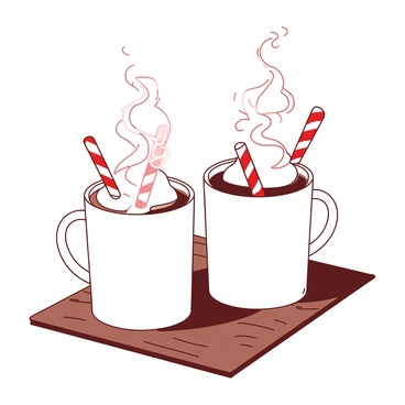 Two white mugs filled with steaming hot cocoa are placed on a wooden table. Each mug is topped with a generous swirl of thick whipped cream, which creates a soft, fluffy peak. Sticking out from the whipped cream are two vibrant red peppermint sticks, adding a festive touch. The steam from the cocoa wafts gently into the air, creating a cozy and inviting atmosphere. The surface of the wooden table has a rich, warm texture, contrasting with the smooth, bright mugs.