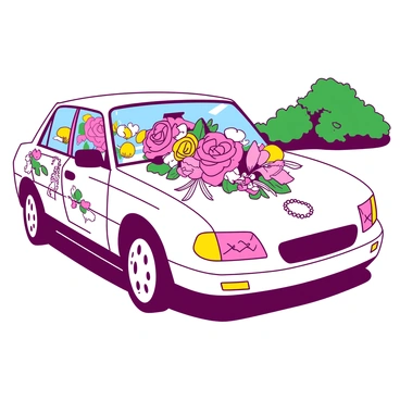 A white wedding car adorned with colorful flowers arranged according to a specific cultural tradition. The front of the car features a large bouquet of vibrant pink and yellow blooms tied with a delicate ribbon. Along the sides of the car, smaller flower arrangements are attached, showcasing intricate patterns and designs unique to the tradition. The rearview mirror is draped with a string of small white pearls. The car is parked in a scenic location with greenery in the background, enhancing the festive atmosphere.