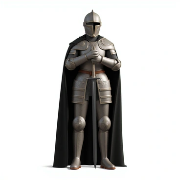 A medieval knight in full armor stands tall, showcasing a suit that is richly detailed, reflecting intricate engravings and embellishments. The armor glistens under the light, with a distinct focus on the pelvic region, where the design features ornate patterns and layered plates for mobility and protection. The knight wears a helm with a fine visor that partially obscures his face, while a flowing cape drapes from his shoulders, adding a regal touch to his appearance. The knight's stance is assertive, with one hand resting on the hilt of a sword sheathed at his side. The background is a blurred hint of a castle or battlefield, emphasizing the knight's role as a warrior of the medieval era.