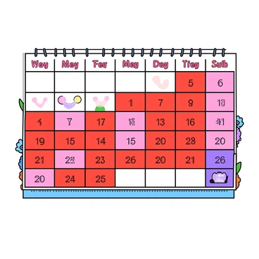An illustrated calendar with a series of colorful squares representing each day of the month. The days are arranged in a grid format. Certain days are highlighted in bright colors, indicating the menstrual cycle with shades of pink, red, and purple. Each square has playful patterns and textures, adding a lively appearance. The calendar is adorned with small illustrations of flowers and hearts around the edges. The numbers of the days are clearly visible in a bold, cheerful font.