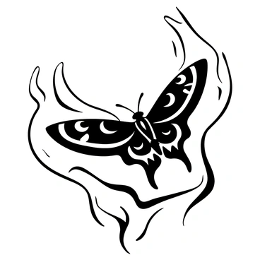 A death's-head hawkmoth with intricate wing patterns is depicted in flight, its wings spread wide, showcasing a detailed design. Surrounding the moth, there are swirling flames, artistically rendered to create dynamic movement. The flames flicker and twist, giving an impression of intensity and energy, contrasting with the calm demeanor of the fluttering moth. The composition emphasizes the interaction between the hawkmoth and the flames, creating a captivating scene.
