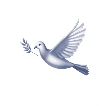 A dove in mid-flight, with its wings fully extended, gracefully carries an olive branch in its beak. The dove is depicted with detailed feathers, showcasing the elegance of its form. The olive branch features several small leaves, symbolizing peace. The background is minimal, emphasizing the central imagery of the dove and the branch, conveying a message of tranquility and harmony.