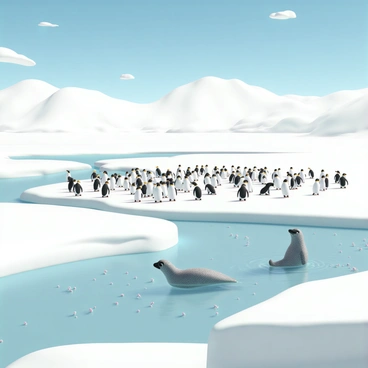 A vast Antarctic landscape covered in shimmering white ice and snow. In the foreground, a colony of penguins, with black and white feathers, waddles around, some standing and others sliding on their bellies. The penguins are arranged in clusters, some are feeding while others are huddled together for warmth. In the water nearby, a sleek leopard seal, with a speckled grey coat, is partially submerged, quietly observing the penguins above. Beneath the water, a swarm of small, pink krill can be seen, drifting in the icy depths, their tiny bodies glistening in the light. The sky above is a bright blue, with a few wispy clouds scattered throughout.
