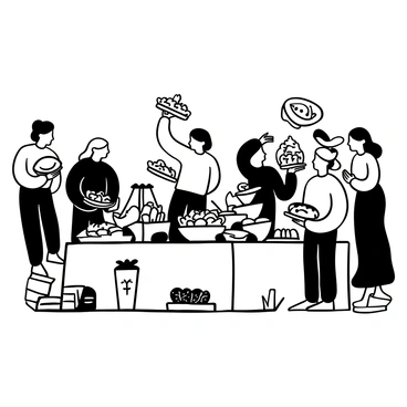 A crowded buffet table filled with an assortment of food items including salads, meats, and desserts. Several people are standing in line, each balancing plates piled high with a variety of dishes. Some individuals are reaching for serving utensils while others are discussing their selections. There are decorative trays and bowls presenting the food, and signs indicating different food options are placed around the table.