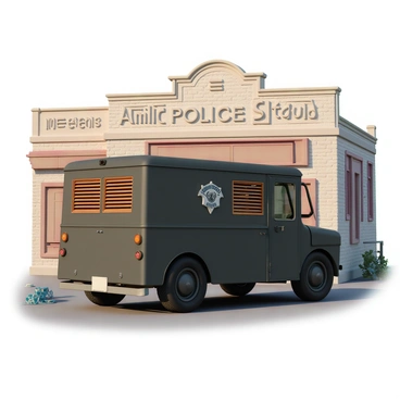 A vintage "Black Maria" police van, characterized by its dark exterior and traditional boxy shape, is parked outside an old movie studio. The van features wooden slatted windows, a prominent badge on its side, and rusted metal detailing, showing signs of age. The backdrop includes a classic movie studio building with old-fashioned signage and weathered brickwork. Nearby, a few scattered film reels and vintage props can be seen on the ground, hinting at the studio's long history in filmmaking. The scene is illuminated by warm afternoon sunlight, casting shadows that enhance the nostalgic atmosphere.