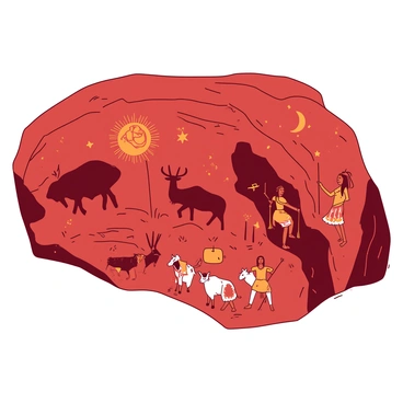 A red rock wall is covered with intricate ancient cave paintings that illustrate various aspects of indigenous life and legends. The paintings depict human figures engaged in hunting activities, surrounded by animals such as deer and buffalo. Symbols representing the sun, moon, and stars are scattered throughout the artwork, adding a mystical element to the scene. The figures are shown in dynamic poses, suggesting movement and storytelling, while vibrant patterns and colors enhance the depth of the illustrations.