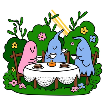 A spectral tea party taking place in a lush garden. Translucent ghosts are seated around a delicate table adorned with a white lace tablecloth. The spectral figures have soft, glowing outlines and feature ethereal expressions, holding delicate teacups. The garden is filled with vibrant flowers in shades of pink, blue, and yellow, and lush green foliage surrounds the scene. Soft sunlight filters through the leaves, creating a whimsical atmosphere. On the table, there are small plates with pastries and sweets, completing the enchanting tea party setting.