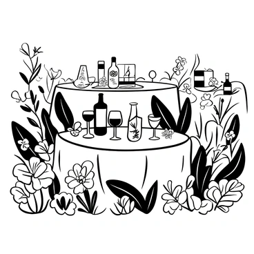 A garden scene featuring several elegantly set tables for wine tasting, each adorned with fine glassware and bottles of wine. Surrounding the tables are a variety of blooming flowers in full detail, showcasing their intricate petals and foliage. A white tablecloth drapes over one of the tables, while decorative place settings include napkins and small centerpieces. In the background, lush greenery adds to the ambiance of the garden party, while soft shadows hint at a gentle breeze rustling through the flowers.
