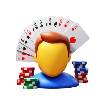 A player’s face displaying a determined poker face. Surrounding the face are playing cards, some fanned out, and poker chips, stacked and scattered around. The cards feature various suits and values, while the chips showcase different colors and denominations. The overall composition captures the intensity of the poker game atmosphere.