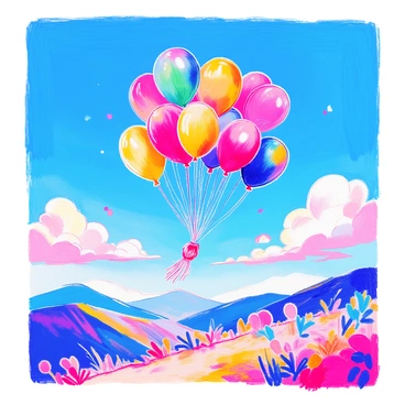 A cluster of "brightly colored balloons" in shades of red, yellow, green, blue, and orange is floating upwards against a "clear blue sky." The balloons are tied together with a single string. The sunlight reflects off their surfaces, creating a vibrant display of colors. Below, the landscape is unobtrusive, ensuring the focus remains on the balloons soaring high into the sky.