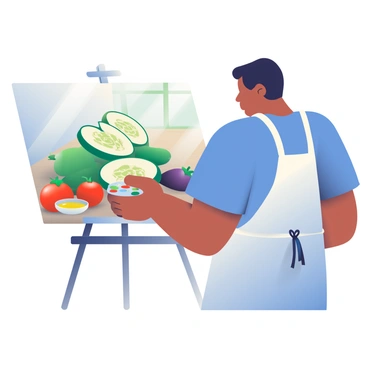 A painter with olive skin and short black hair is in the process of creating a still life. The artist is wearing a white apron over a casual blue shirt and is standing in front of an easel. The canvas depicts a collection of sliced cucumbers arranged neatly on a wooden table. Surrounding the cucumbers are vibrant vegetables, including bright red tomatoes, lush green bell peppers, and deep purple eggplants. A small ceramic bowl filled with olive oil sits next to the vegetables. Natural light is filtering through a nearby window, illuminating the scene with soft highlights and shadows. The painter is holding a palette with various colors and is focused on capturing the details of the sliced cucumbers.
