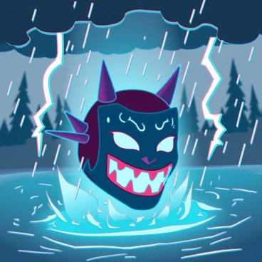 A traditional hannya mask with intricate details, featuring sharp horns and a fierce expression. The mask is positioned prominently in the foreground, showcasing its rich textures and vibrant colors. Raindrops are falling rapidly, splashing against the mask and creating ripples of water that reflect the stormy atmosphere. Dark, ominous clouds loom overhead, and flashes of lightning illuminate the scene intermittently. The background is filled with blurred silhouettes of trees swaying in the wind, enhancing the intensity of the storm. The overall composition captures the dynamic interaction between the mask and the turbulent weather.