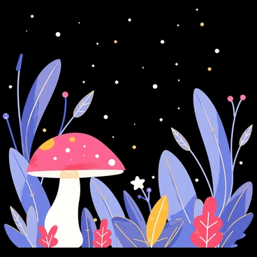 A garden filled with various exotic plants, each with unique shapes and colors. Some plants have glowing blue and purple leaves, while others display bright red and orange flowers. The garden is illuminated by a star-filled sky, with numerous twinkling stars scattered throughout. In the foreground, a large, glowing mushroom stands out among the plants, casting a soft light on the surroundings. The overall scene conveys a sense of wonder and the beauty of nature in a fantastical setting.