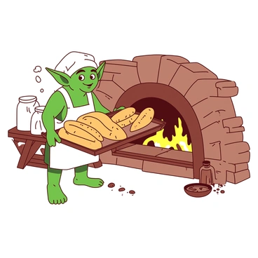 A green goblin baker is pulling a tray of freshly baked golden-brown bread from a rustic clay oven. The goblin has pointed ears and a cheerful expression, wearing a white apron splattered with flour. The oven is built into a stone wall, with flames gently flickering inside. The tray is filled with various shapes of bread, including round loaves and baguettes, emitting steam as they are removed. Surrounding the oven, there are bags of flour and jars of spices on wooden shelves.