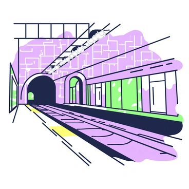 A dimly lit metro tunnel is visible, with shadows stretching along the concrete walls. The tracks are empty, devoid of any trains. Flickering overhead lights cast a subtle glow, illuminating patches of the ground. The tunnel is lined with green and purple tiles that reflect the sparse light. In the distance, a faint outline of a tunnel exit can be seen. The platform edges are marked with worn yellow lines, and a few benches sit silently against the wall.